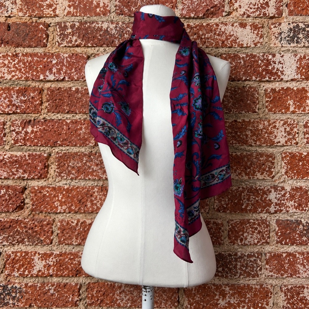 Vintage 80s Silk Scarf Burgundy Floral Paisley Made Japan Fall Old Money Luxury